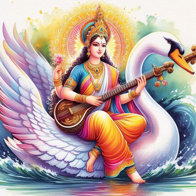 Photo watercolor devi sarasvati