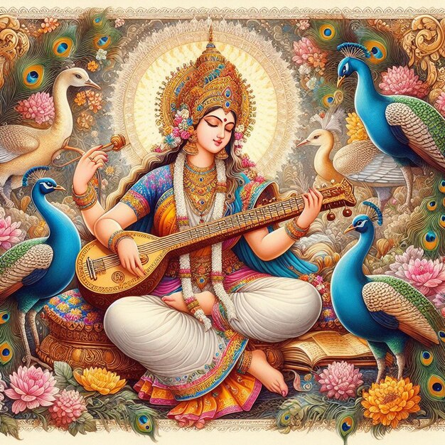 Photo watercolor devi sarasvati