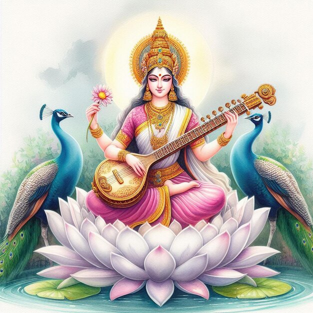 Photo watercolor devi sarasvati