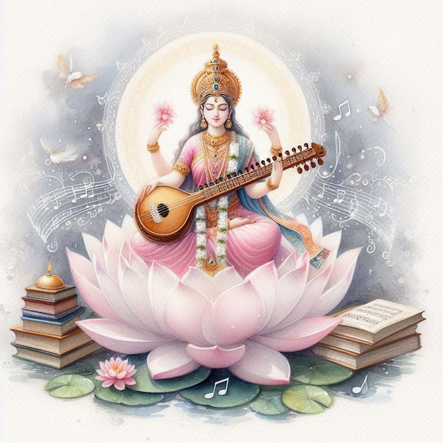 Photo watercolor devi sarasvati