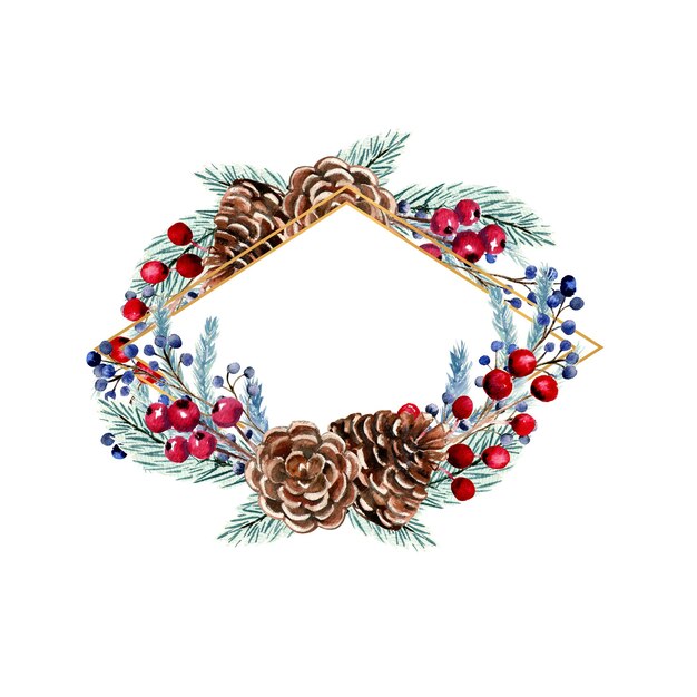 Photo watercolor diamond-shaped frame with berries, fir cones, fir branches.