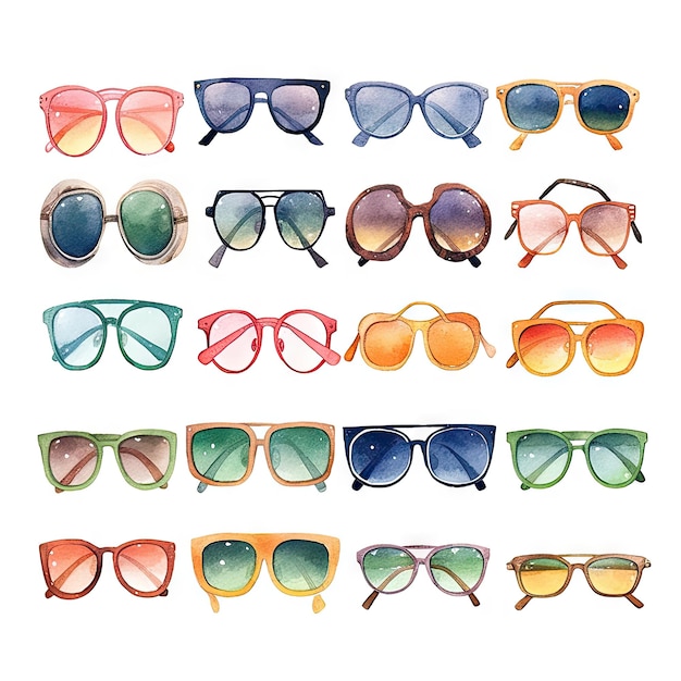 watercolor of different types of sunglasses in various colors and styles