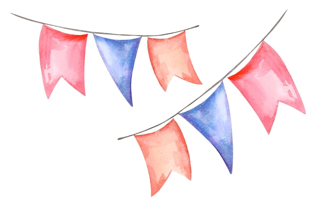 Watercolor different vintage flags garlands hand drawn illustration of blue pink orange flags