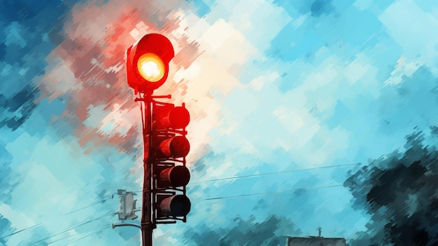 Photo watercolor digital art of a traffic signal vivid red against a calming blue sky