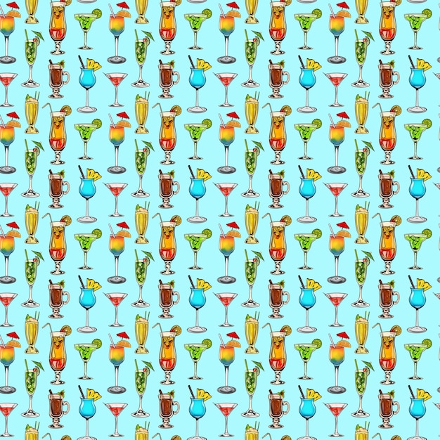 Watercolor digital illustration seamless pattern of cocktails of different shapes