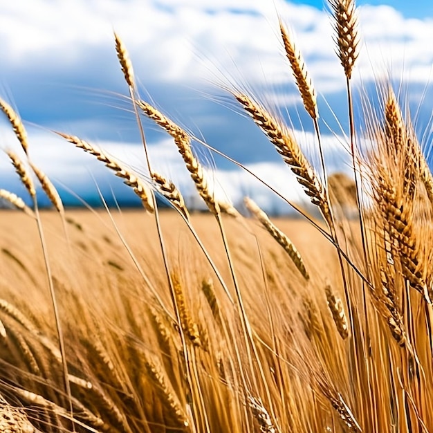 Foto illustrazione digitale ad acquerello di orecchie di grano gialle da vicino contro un cielo blu arte contemporanea