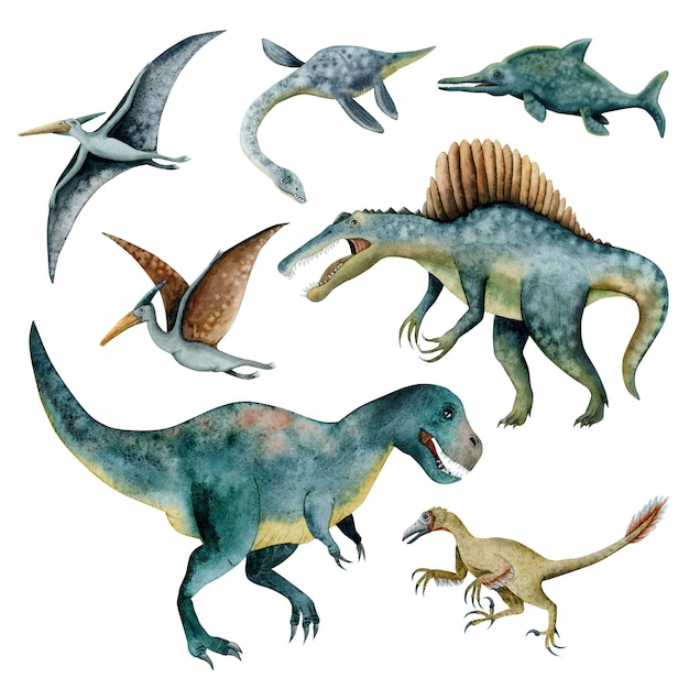 Watercolor dinosaurs illustration set with predatory tyrannosaurus Spinosaurus flying dinosaurs