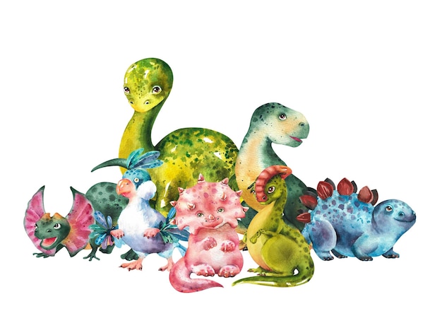 Watercolor dinosaurs Set of various small dinosaurs