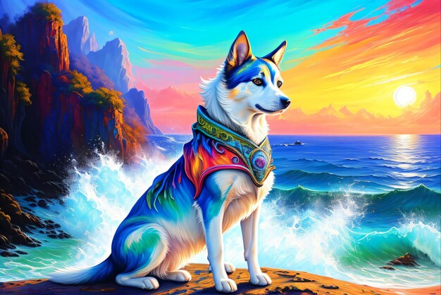 watercolor dog painting in front of the sea