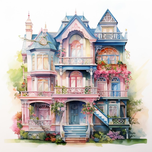 Premium Vector  A watercolor illustration of a colorful doll house