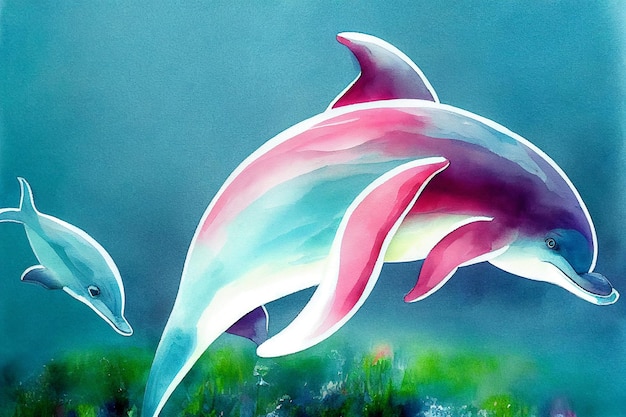 Watercolor of a dolphin animal hand draw watercolor