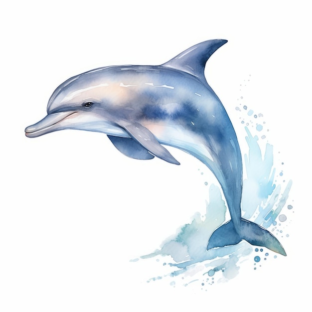 Акварельный дельфин изолирован на белом фоне. Рисованная иллюстрация.
