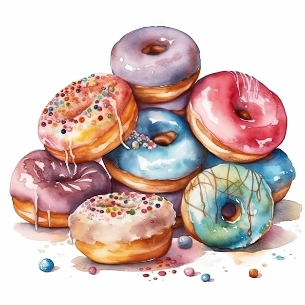 Watercolor of a donuts with sprinkles glazes and toppings