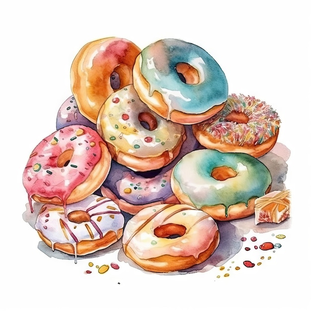 Watercolor of a donuts with sprinkles glazes and toppings