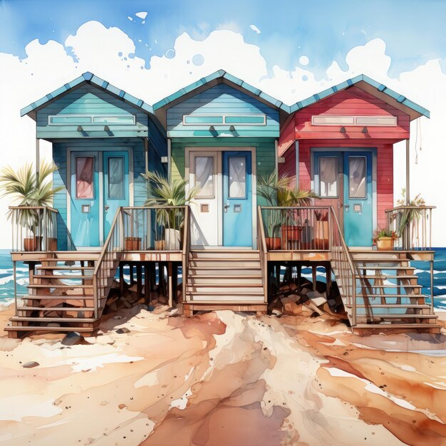 Photo watercolor doors on seaside illustration generative ai