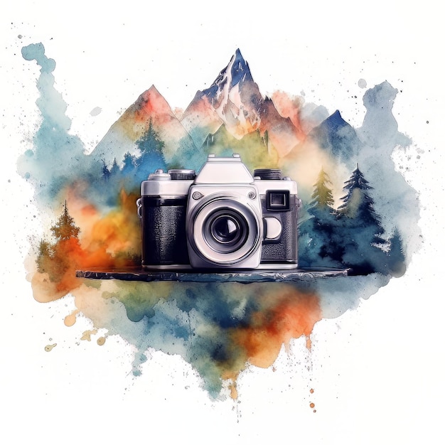 Photo watercolor double exposure retro camera with mountains national photography day concept ai generated