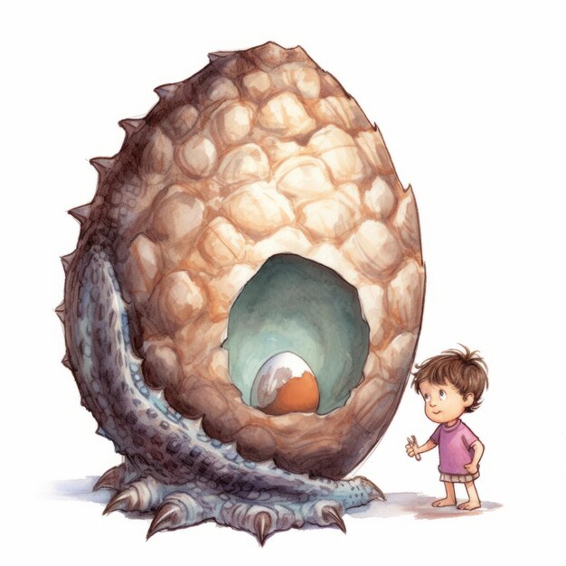 Photo watercolor dragon egg with boy