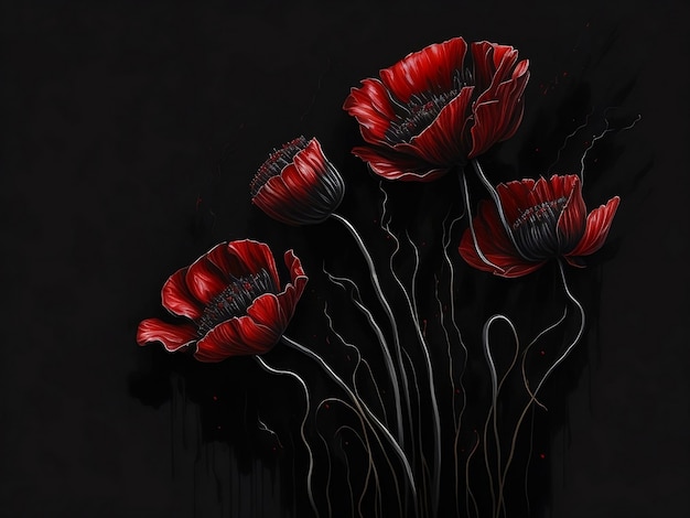 Watercolor dramatic dark background with red poppies