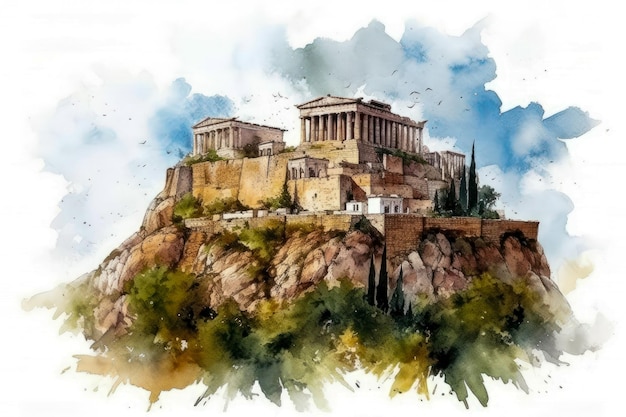 Photo watercolor drawing of the acropolis of athens