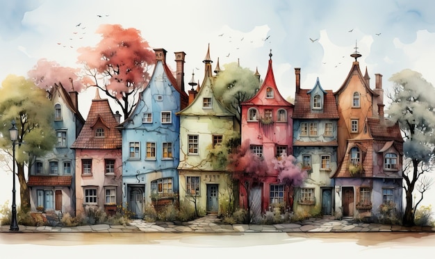 Watercolor drawing architectural houses in the autumn cityscape Selective soft focus