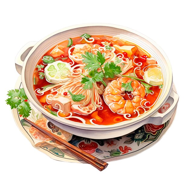 Photo watercolor drawing asian cuisine bowl of seafood soup