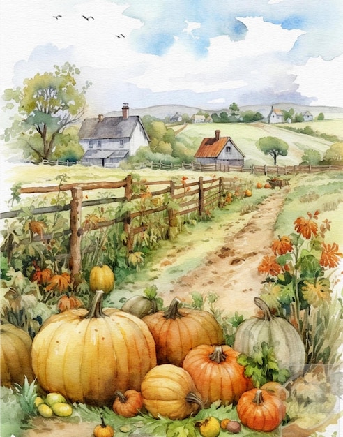 Watercolor drawing of autumn pumpkin field and wooden house on the hill