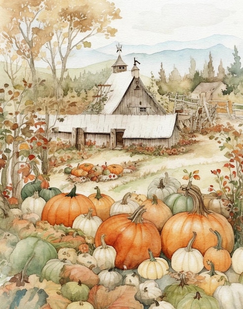 Watercolor drawing of autumn pumpkin field and wooden house on the hill
