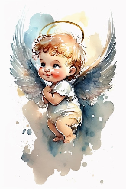 Photo a watercolor drawing of a baby angel with white wings.