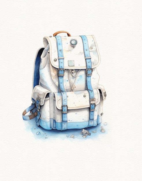 Photo watercolor drawing of a backpack hand bag with flowers go to school supplies