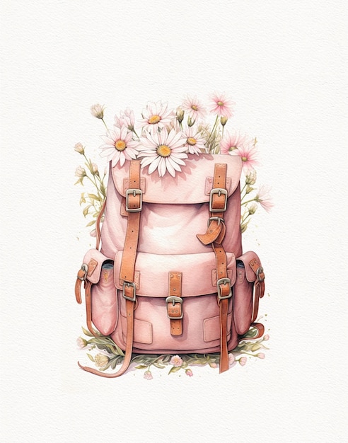 watercolor drawing of a backpack hand bag with flowers go to school supplies