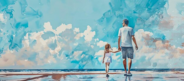 写真 晴れた日に海辺を歩いている父と娘の水彩画のバナー ハッピー・ファテ