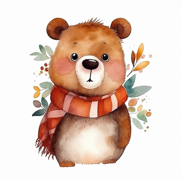 A watercolor drawing of a bear wearing a scarf.