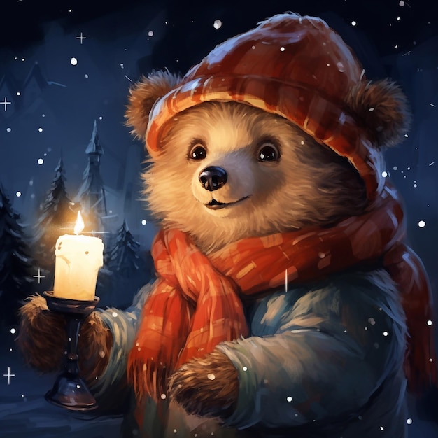 Акварельный рисунок медведя с свечами винтажная рождественская открытка с животным на темном фоне