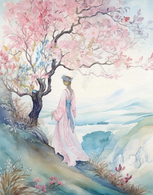 Watercolor drawing of a beautiful girl in a kimono in a Japanese garden pink and blue