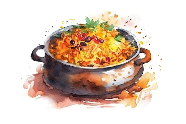 Watercolor Drawing Biryani On White Background Generative AI