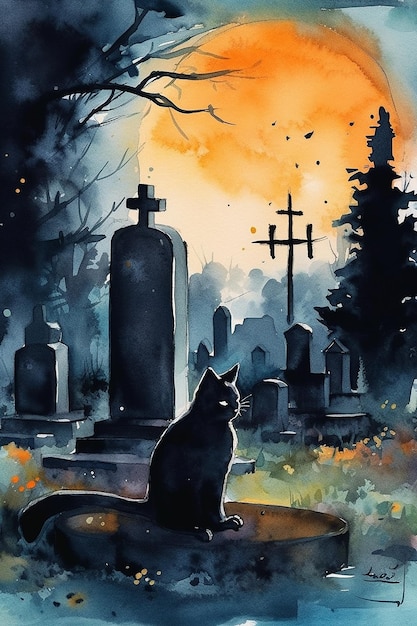 Watercolor drawing of a black cat in a cemetery