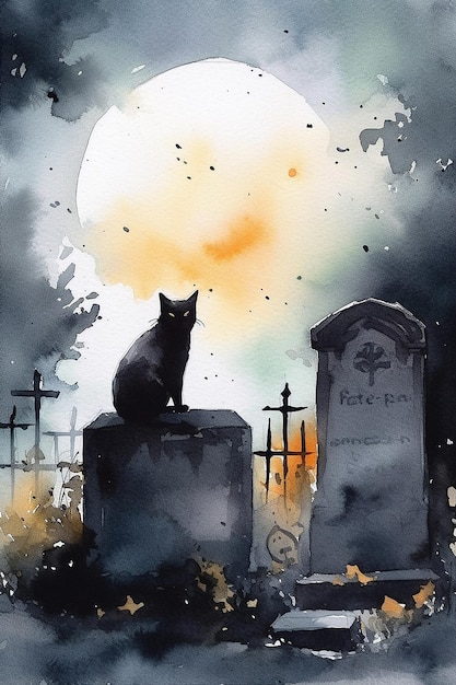 Photo watercolor drawing of a black cat in a cemetery