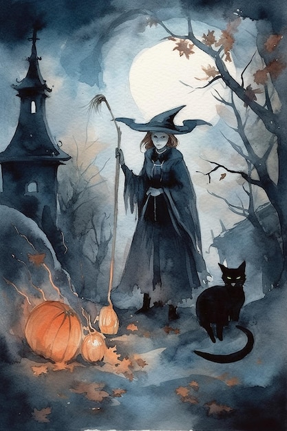Watercolor drawing of a black cat in a cemetery