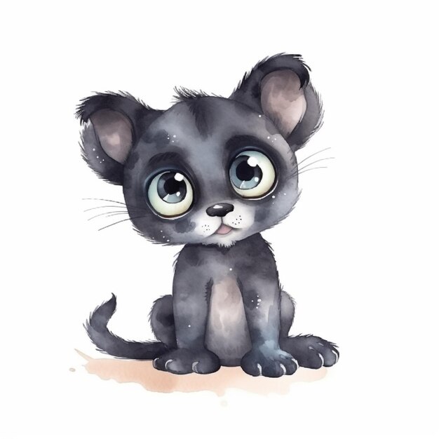 A watercolor drawing of a black cat with big eyes.