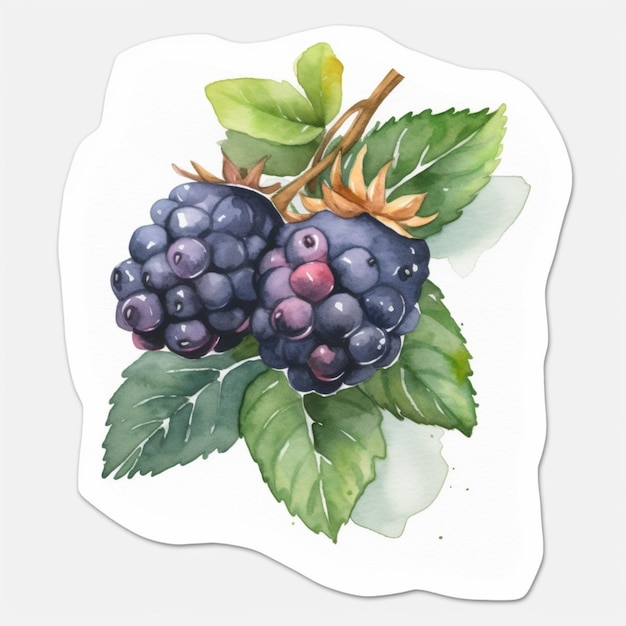 A watercolor drawing of a blackberry with leaves and the word " blackberry " on it.