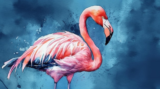 Watercolor drawing on a blue background flamingo Generative AI