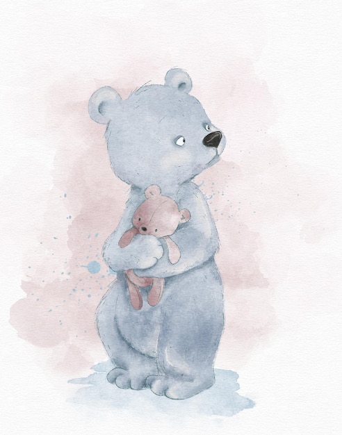 Foto disegno ad acquerello di un cucciolo di orso blu con un giocattolo tra le zampe