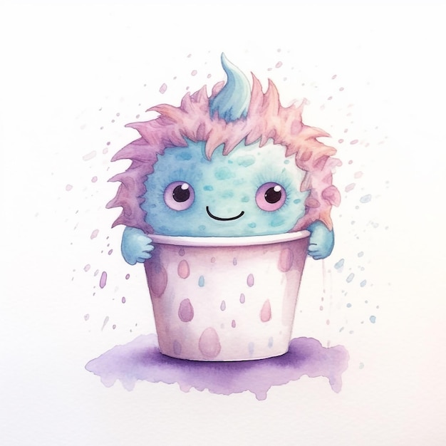 A watercolor drawing of a blue monster with a purple spiky hair.