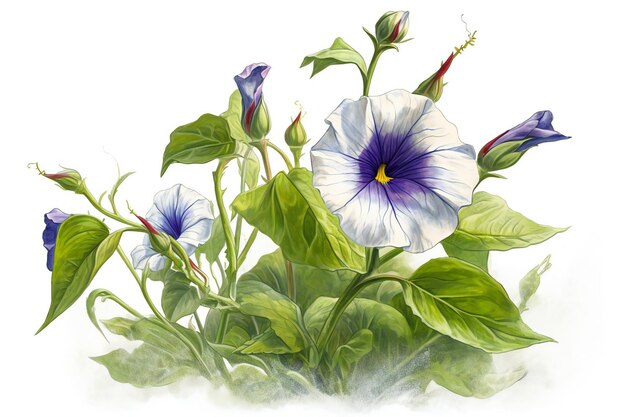 Watercolor drawing of blue morning glory with green leaves on white background