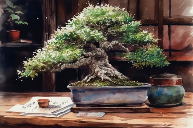 Watercolor drawing of a Bonsai tree on a wooden table