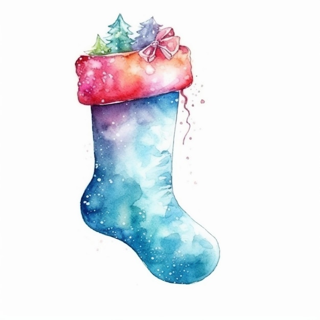 a watercolor drawing of a boot with a christmas tree on it