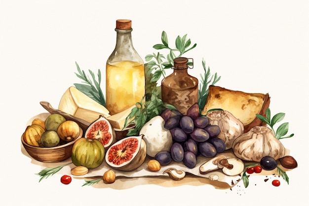 A watercolor drawing of a bottle of olive oil, olives, cheese, and nuts.