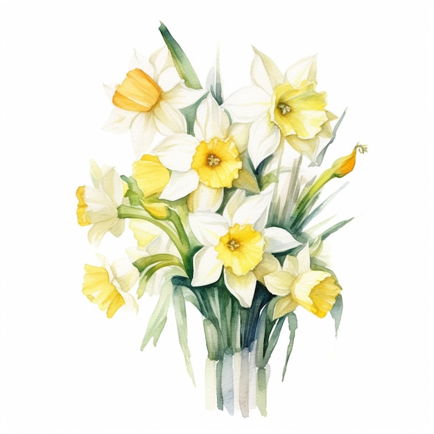 A watercolor drawing of a bouquet of daffodils.