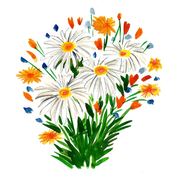 A watercolor drawing of a bouquet of daisies.