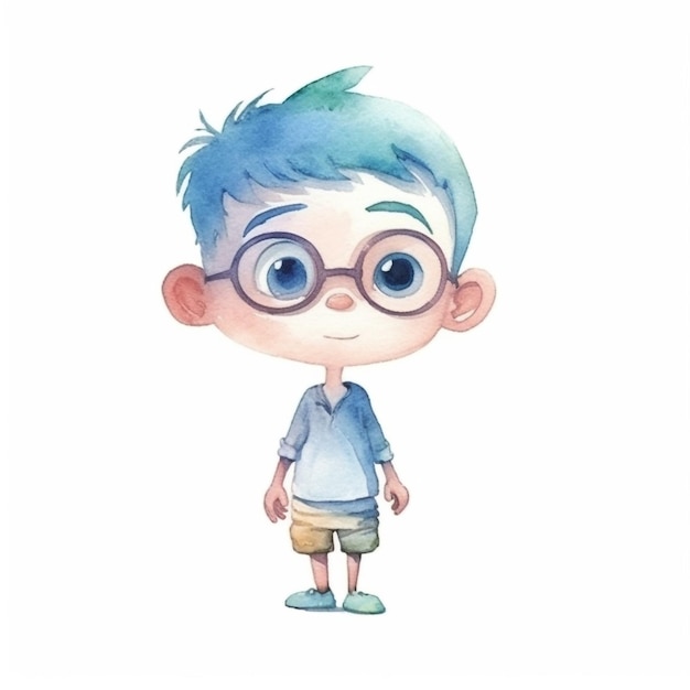 A watercolor drawing of a boy with blue eyes and a blue shirt.